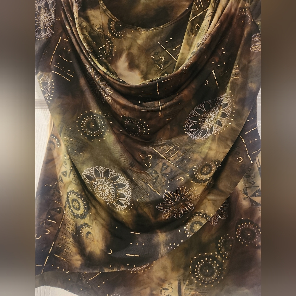 Dress Barn Short Sleeve Brown/Green Cowel Neck Gold Metallic Embellishmets PM - Picture 5 of 10